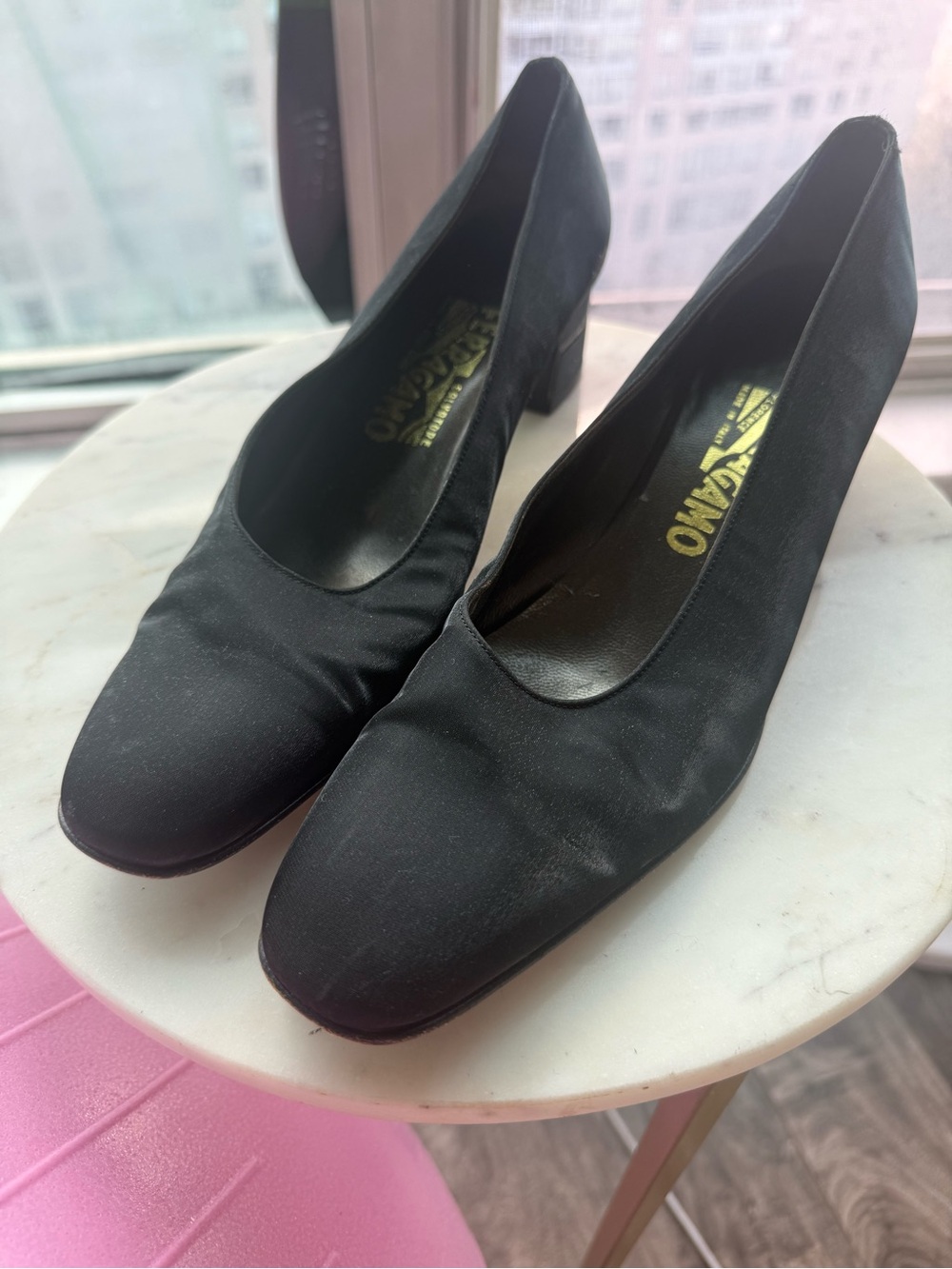 Vintage Salvatore Ferragamo Black Satin Low Block Heel Pumps
